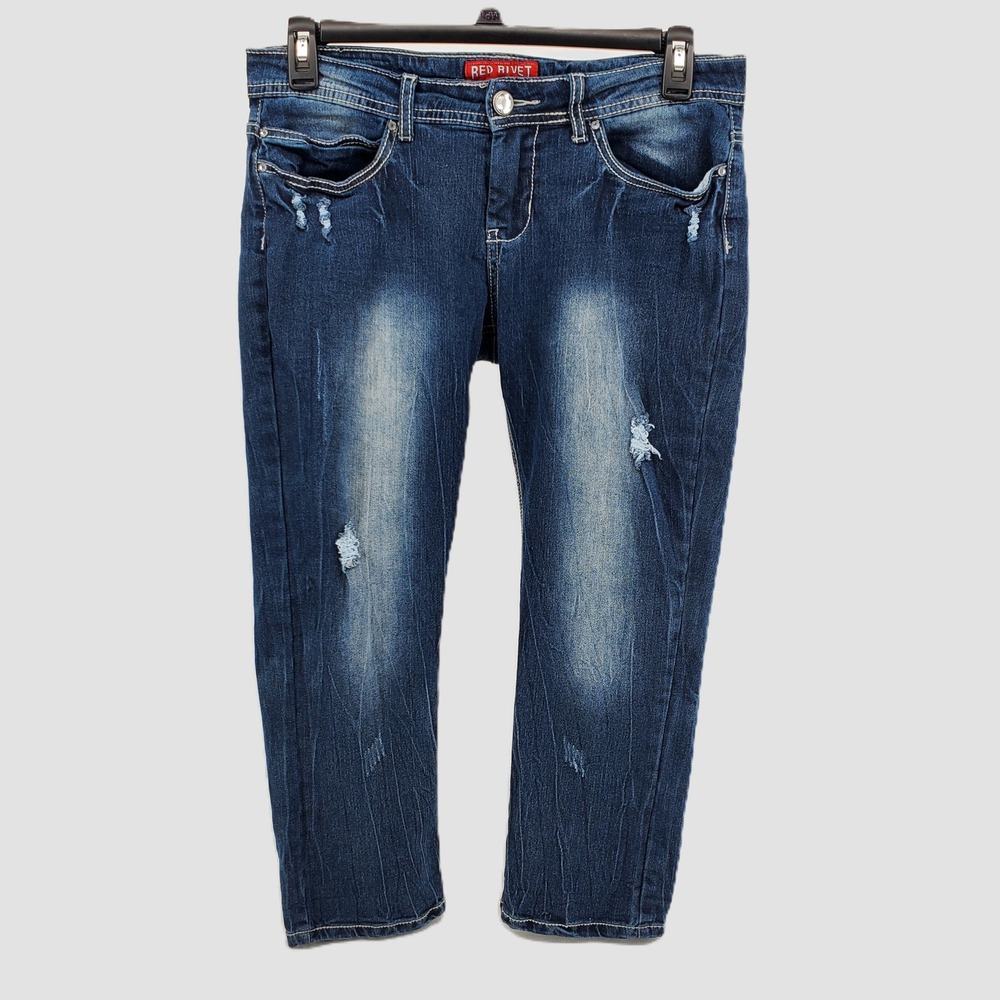 Red Rivet Juniors Size 15 Distressed Capri Jeans Dark Wash Y2K Stretch Pockets